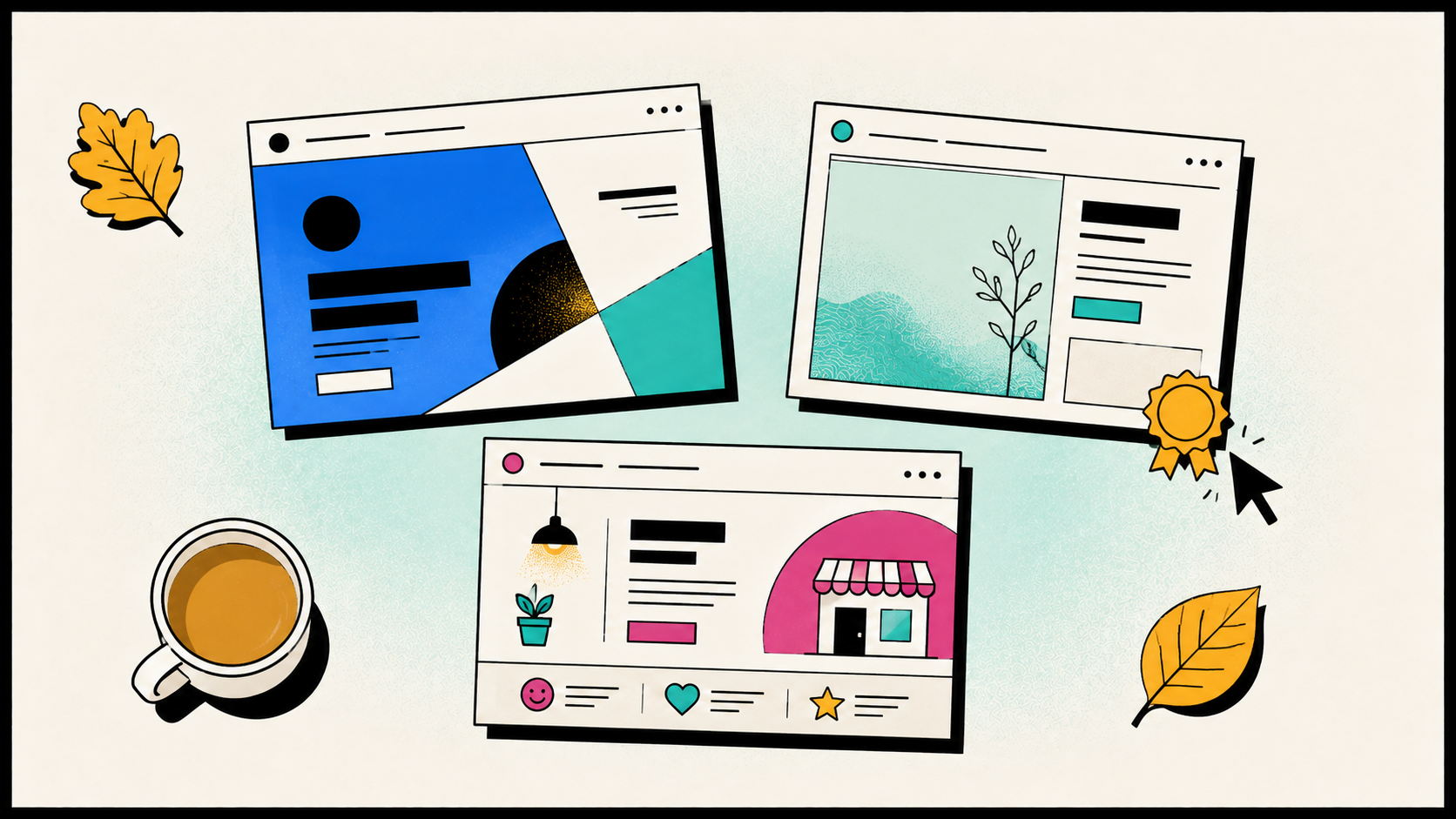 Három eltérő weboldal egy szeptemberi designválogatásban, kávéval és őszi levelekkel