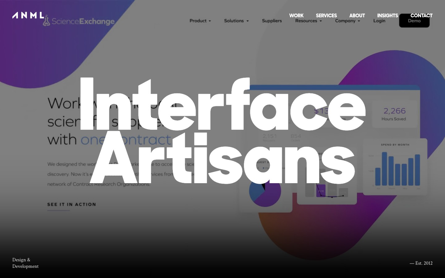 Az ANML ügynökségi honlap nyitóképernyője nagy Interface Artisans felirattal és rövid felső navigációval