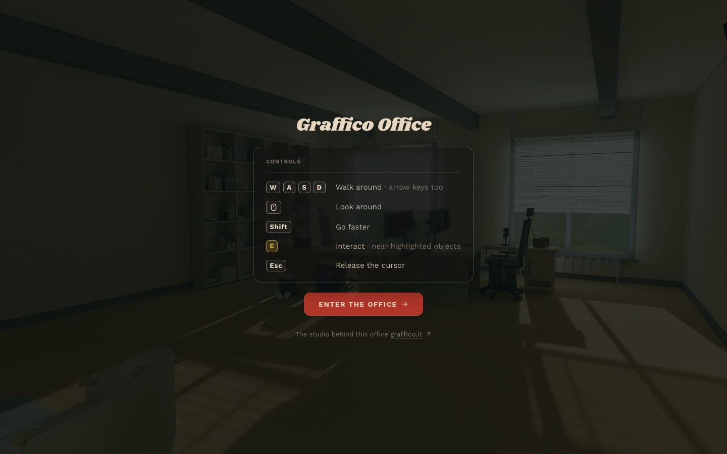 A Graffico Office bejárható 3D irodájának belépési képernyője a billentyűzetes és egérvezérléssel